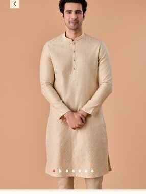 NWT Mens Manyavar Beige Art Silk Elegance Kurta Pajama
